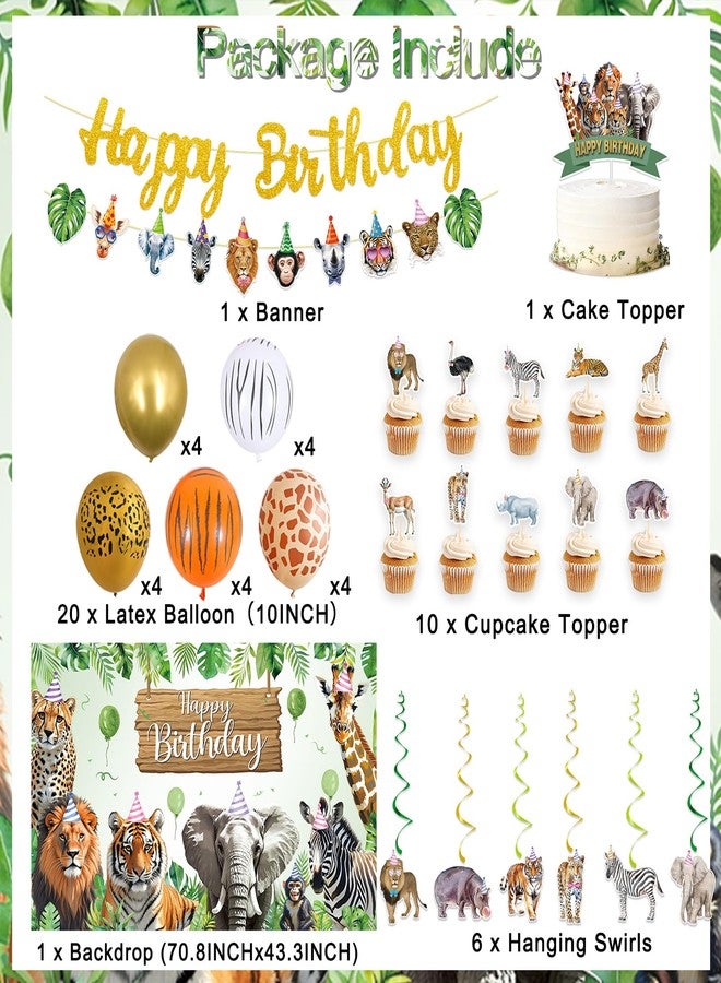 Roetyce Safari Animals Birthday Party Decorations, Jungle Wild Animals Happy Birthday Banner Balloons Hanging Swirls Cake Topper Kit, Safari Themed Birthday for Kids Photo Background Backdrop - Image 2