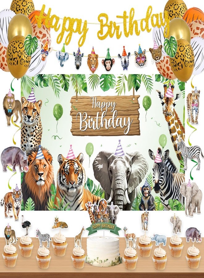 Roetyce Safari Animals Birthday Party Decorations, Jungle Wild Animals Happy Birthday Banner Balloons Hanging Swirls Cake Topper Kit, Safari Themed Birthday for Kids Photo Background Backdrop - Image 1