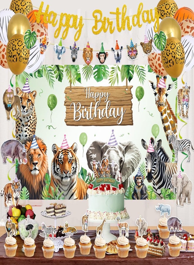 Roetyce Safari Animals Birthday Party Decorations, Jungle Wild Animals Happy Birthday Banner Balloons Hanging Swirls Cake Topper Kit, Safari Themed Birthday for Kids Photo Background Backdrop - Image 3