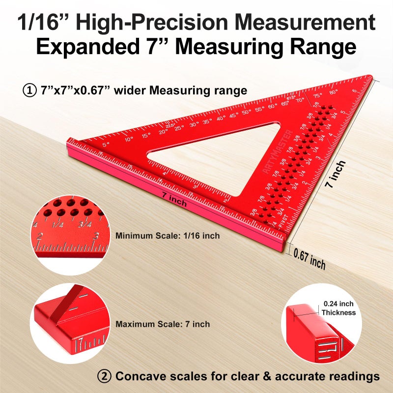 ARTYMASTER 7 inch Carpenter Square, 1/16" Precision Hole Scribing Square Tools, 0-90Â° Aluminum Alloy Rafter Square, Woodworking Square Tools AM13D - Image 5