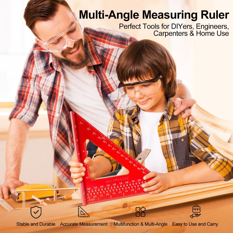 ARTYMASTER 7 inch Carpenter Square, 1/16" Precision Hole Scribing Square Tools, 0-90Â° Aluminum Alloy Rafter Square, Woodworking Square Tools AM13D - Image 2