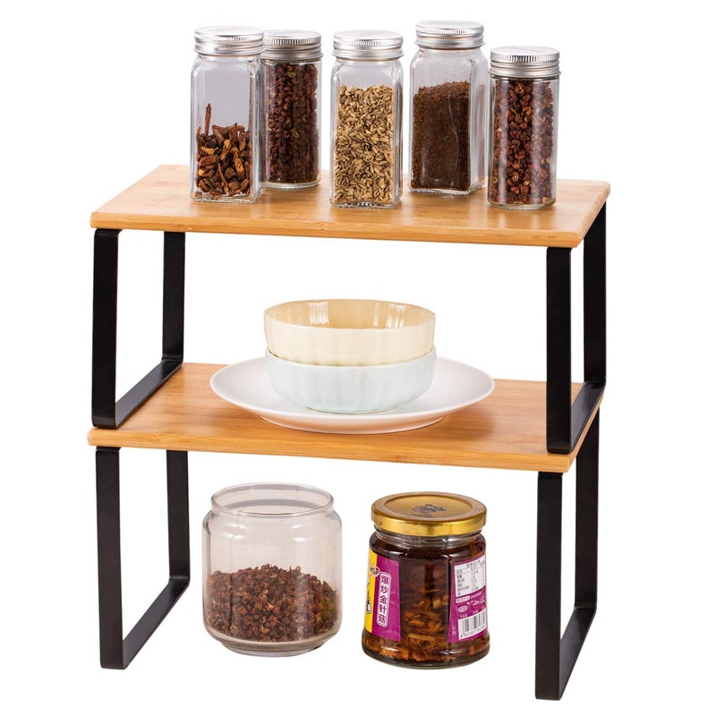 HAITRAL 2Tier Stackable Shelf Organizer Set of 2  Bamboo  Metal Kitchen Storage Shelves for Cabinet Pantry Bathroom  Space Saving Cupboard  Countertop Organizer  NaturalBlack