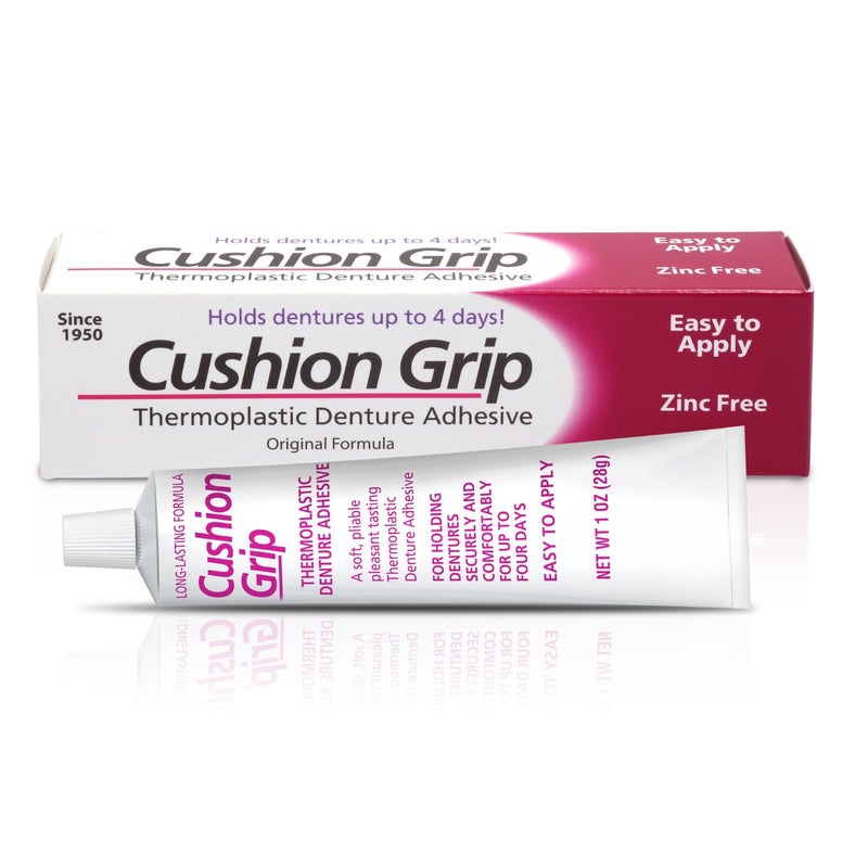 Cushion Grip Thermoplastic Denture Adhesive 1ozExtra Strong Hold Up to 4 Days Unmatched Strength Waterproof Zinc Free Relieves Sore Gums Comfortable Refit Long Lasting Acts as Soft Reliner
