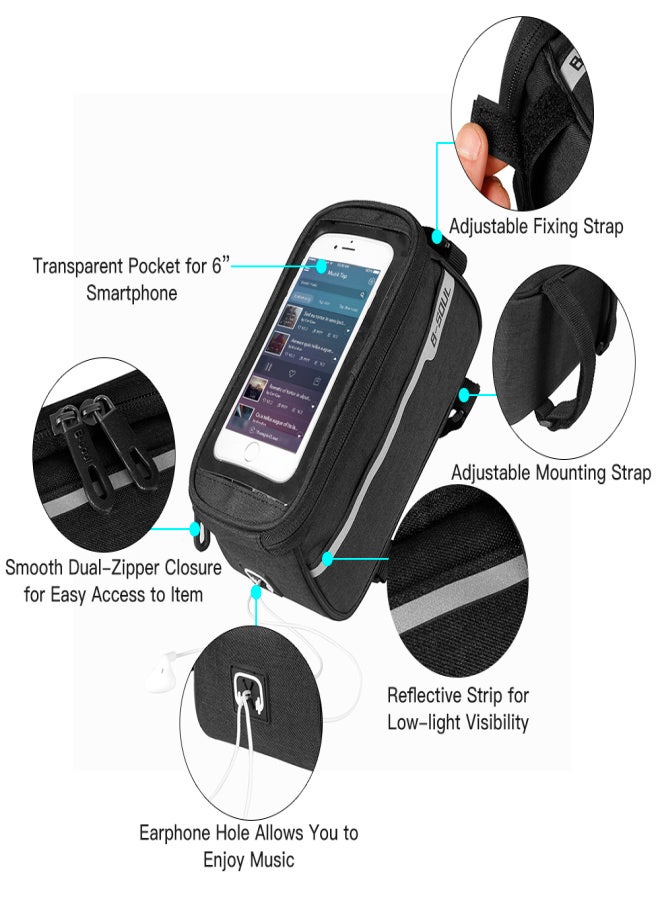 B-SOUL MTB Bicycle Top Tube Phone Bag for 6" Screen Size Bike Front Frame Bag with Headphone Hole - Image 3