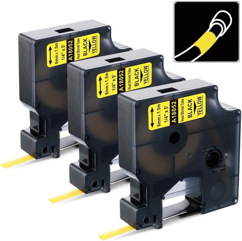 AONOMI Compatible Labels Tape Replacement for DYMO 18052 Heat Shrink Tube Compatible with DYMO Industrial Rhino 5200, 4200, 5000, 6000 Label Maker (1/4", Black on Yellow), 3-Pack - Image 1