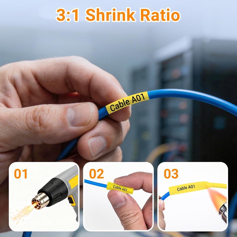 AONOMI Compatible Labels Tape Replacement for DYMO 18052 Heat Shrink Tube Compatible with DYMO Industrial Rhino 5200, 4200, 5000, 6000 Label Maker (1/4", Black on Yellow), 3-Pack - Image 4