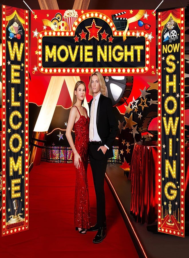 Sophena 3Pcs Movie Night Porch Sign Banner Movie Theme Theater Welcome Now Showing Party Front Door Banner Wreath Photography Background Hanging Yard Sign for Home Film Red Carpet Event Awards Bunting Decor - Image 4