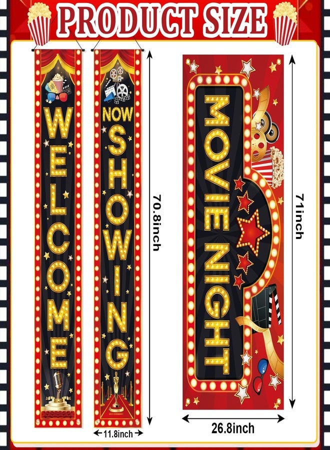 Sophena 3Pcs Movie Night Porch Sign Banner Movie Theme Theater Welcome Now Showing Party Front Door Banner Wreath Photography Background Hanging Yard Sign for Home Film Red Carpet Event Awards Bunting Decor - Image 3