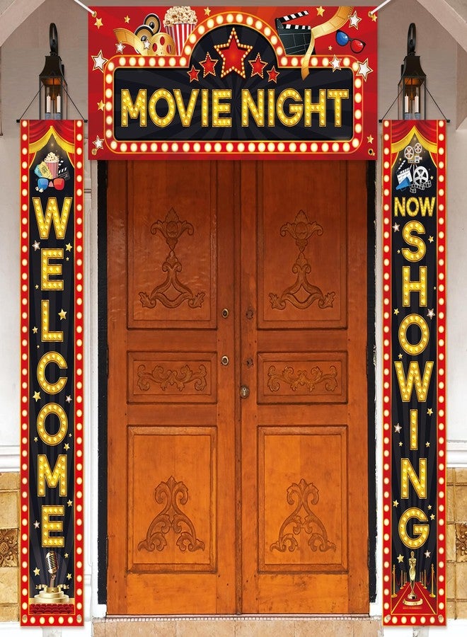 Sophena 3Pcs Movie Night Porch Sign Banner Movie Theme Theater Welcome Now Showing Party Front Door Banner Wreath Photography Background Hanging Yard Sign for Home Film Red Carpet Event Awards Bunting Decor - Image 1