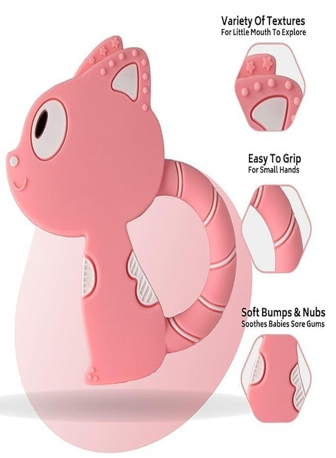 Rukan Teether 0 to 6 Months Baby Toys Multi Textured Soft Newborn Chew Toy for Soothe Gums, Perfect for 6 to 12 Months BPA Free, Easy to Clean - NO Choke Safe Design, Cat & Squirrel (Pink) 2-Pack - Image 2