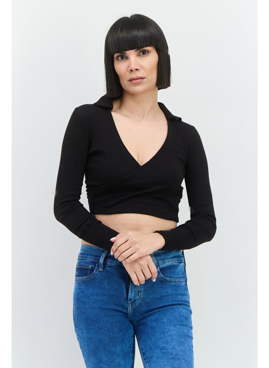 BRAVE SOUL Women Surplice Neck Long Sleeves Textured Crop Top, Black  - Image 1