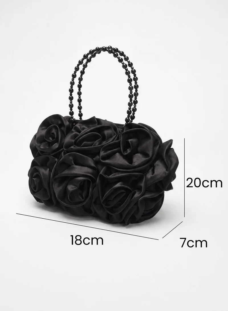 Sunfere Black Satin Rosettes Pearl Handbag for Women | Best Price UAE