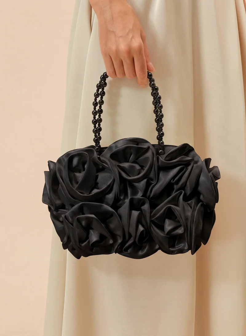 Sunfere Black Satin Rosettes Pearl Handbag for Women | Best Price UAE