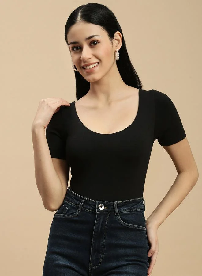 ECOLORE Black Solid Square Back Top