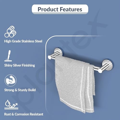Plantex Stainless Steel Single Towel Rod with Hooks/Towel Holder for Bathroom/Towel Bar/Bathroom Accessories (24-inch/Chrome - 1005) - Image 2
