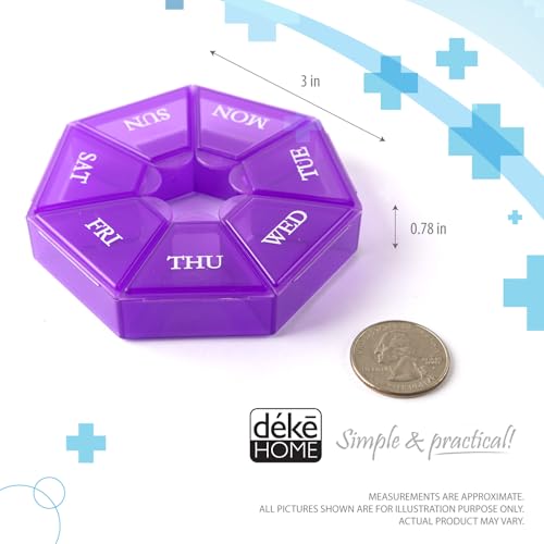 Deke Home - Small Weekly Pill Organizer, Round Pill Dispenser for Travel, Mini Pill Organizer, Compact Medicine Holder, Pill Sorters 7 Days, Portable Vitamin Container, BPA Free (Food Grade) - Image 2