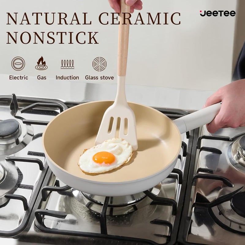 Jeetee Ceramic Cookware Set, 13 Pcs Pots and Pans Set Nonstick with Rotation Removable Handles, Healthy Non-Toxic Cooking Set for All Stoves, Stackable Pots Pans, Oven Safe, PFOA/PFOS Free, Cream - Image 3