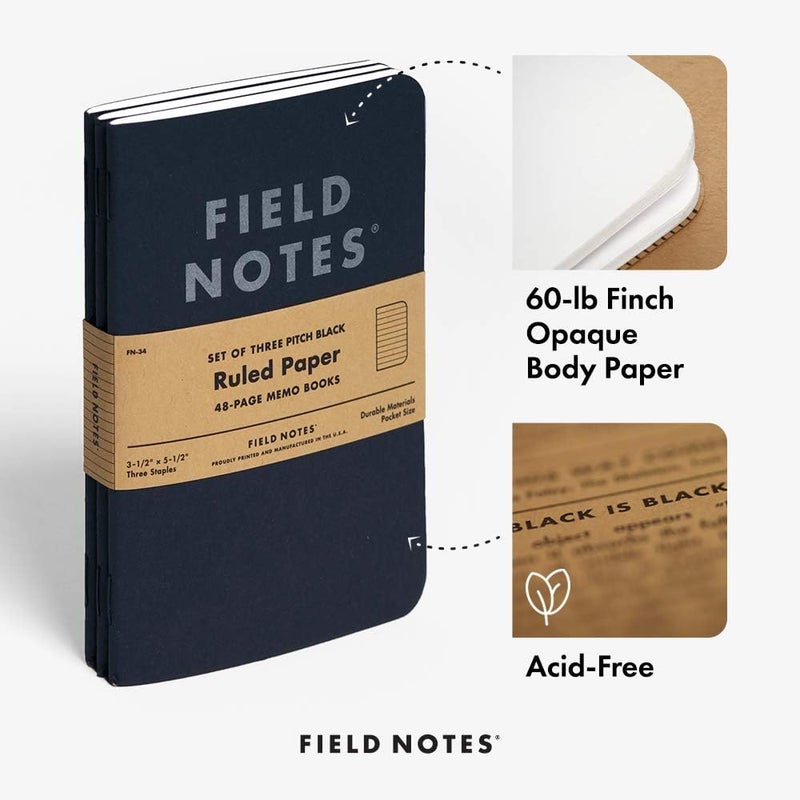 Field Notes 3-Pack Pitch Black Memo Books (3.5" X 5.5"), Ruled, 48 Pages | Thin Pocket Sized EDC Notebook With 90 GSM Paper & Paperback Cover | Work Notebooks For Note Taking | Made in the USA - Image 3