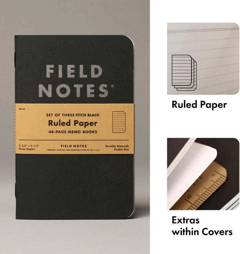 Field Notes 3-Pack Pitch Black Memo Books (3.5" X 5.5"), Ruled, 48 Pages | Thin Pocket Sized EDC Notebook With 90 GSM Paper & Paperback Cover | Work Notebooks For Note Taking | Made in the USA - Image 1