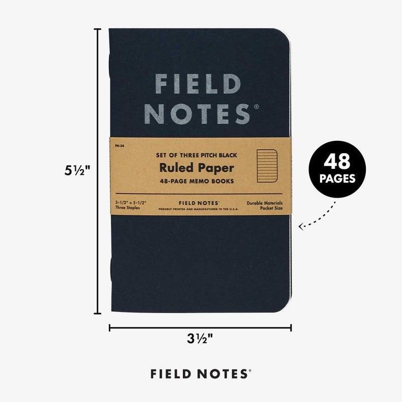 Field Notes 3-Pack Pitch Black Memo Books (3.5" X 5.5"), Ruled, 48 Pages | Thin Pocket Sized EDC Notebook With 90 GSM Paper & Paperback Cover | Work Notebooks For Note Taking | Made in the USA - Image 4