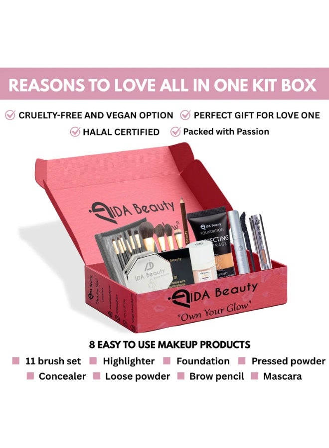 IDA Beauty IDA Clean Beauty Combo Set – All-in-One Makeup Kit for Women with Foundation, Brushes, Lipstick, Eyeliner & More – Natural Look – Full Face Makeup Gift Box - Image 2
