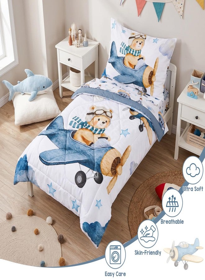 WINGHENLEE Toddler Bedding Set, Airplane Bear 4 Pieces Toddler Comforter Sets for Boys Kids, Ultra Soft Toddler Bed Sets Bed-in-a Bag, Includes Comforter, Fitted Sheet, Flat Sheet and Pillowcase, Blue - Image 2