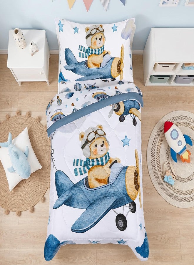 WINGHENLEE Toddler Bedding Set, Airplane Bear 4 Pieces Toddler Comforter Sets for Boys Kids, Ultra Soft Toddler Bed Sets Bed-in-a Bag, Includes Comforter, Fitted Sheet, Flat Sheet and Pillowcase, Blue - Image 1