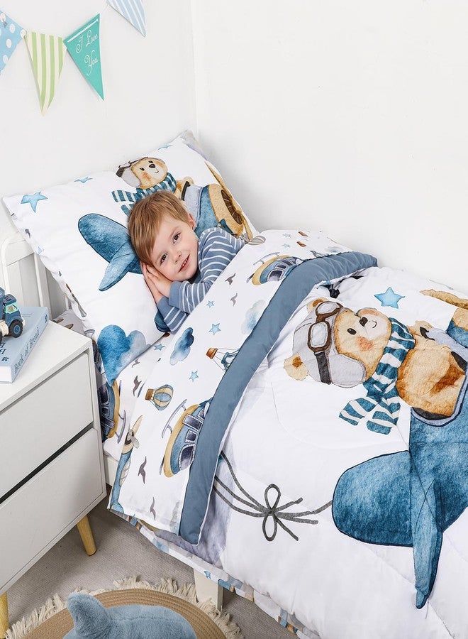 WINGHENLEE Toddler Bedding Set, Airplane Bear 4 Pieces Toddler Comforter Sets for Boys Kids, Ultra Soft Toddler Bed Sets Bed-in-a Bag, Includes Comforter, Fitted Sheet, Flat Sheet and Pillowcase, Blue - Image 5