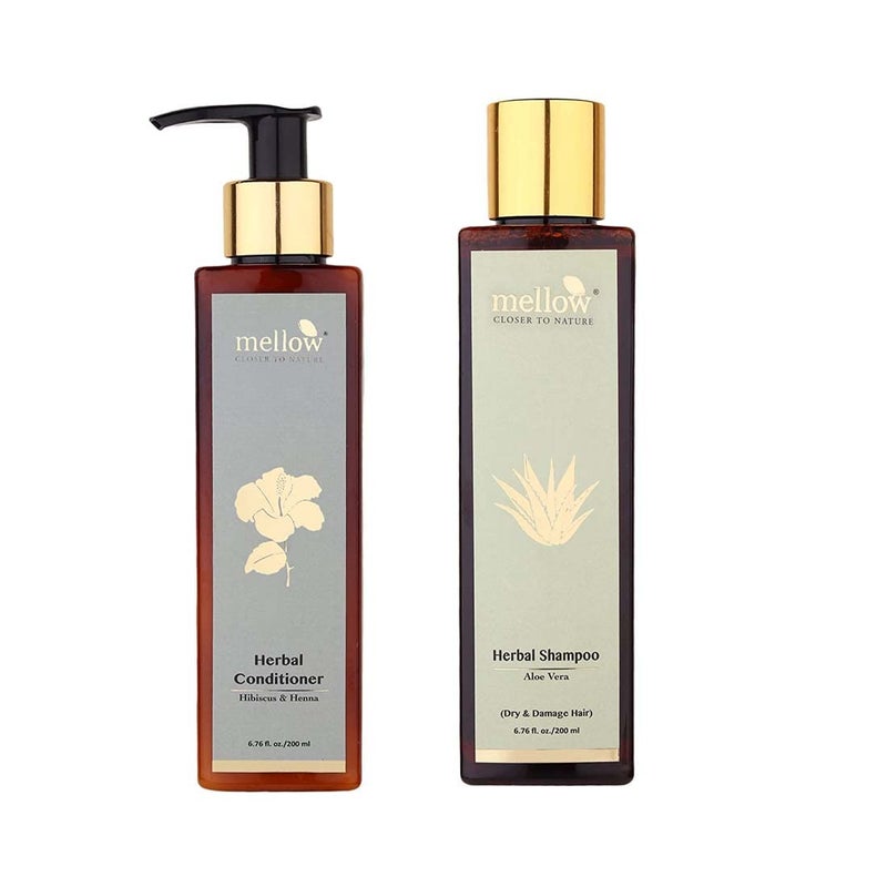 Mellow Dry Shampoo and Hibiscus Conditioner 200ml each for strong smooth shiny hair helps in reducing hair fall For all hair types No Toxic Chemicals - Image 1