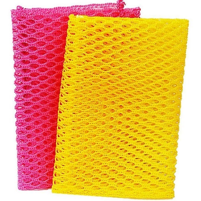 INNOVATIVE DISH WASHING NET CLOTHS SCOURER 100 ODOR FREE QUICK DRY NO MORE SPONGES WITH MILDEW SMELL PERFECT SCRUBBER FOR WASHING DISHES 11 BY 11 INCHES 2PCS PINKYELLOW