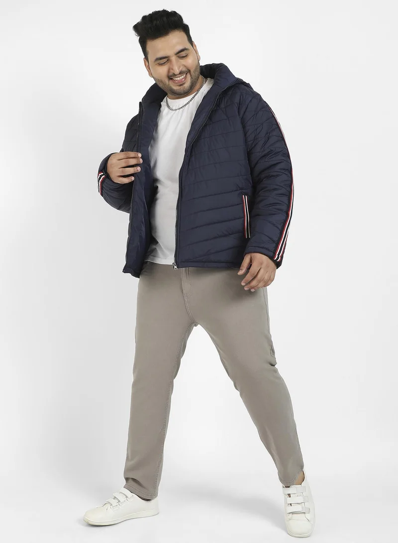 Instafab Plus Men's Navy Blue Puffer Jacket With Contrast Striped Sleeve