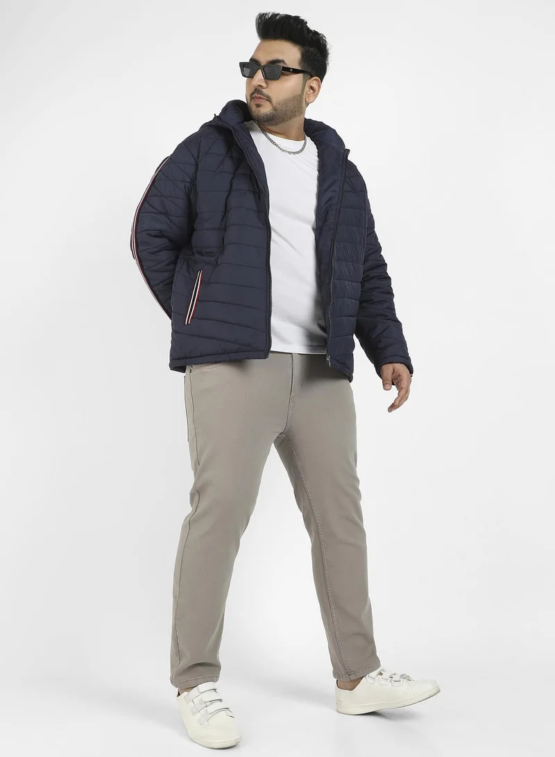 Instafab Plus Men's Navy Blue Puffer Jacket With Contrast Striped Sleeve