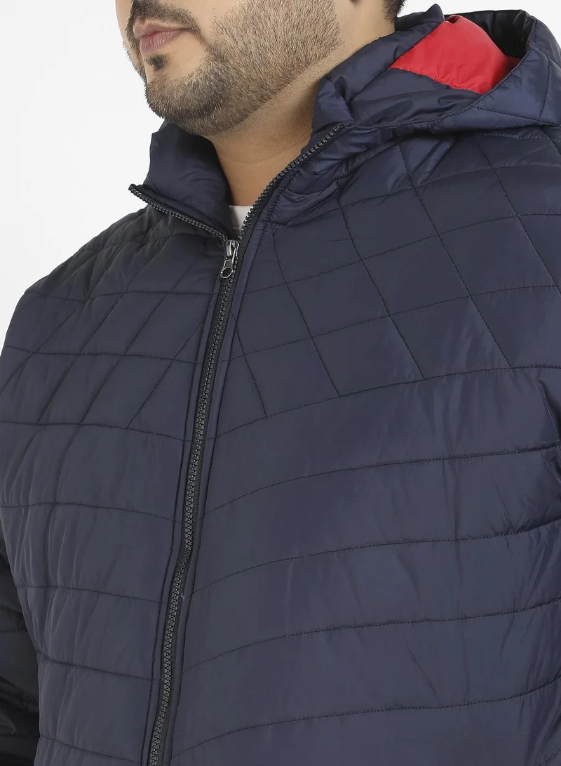 Instafab Plus Men's Navy Blue Puffer Jacket With Contrast Striped Sleeve