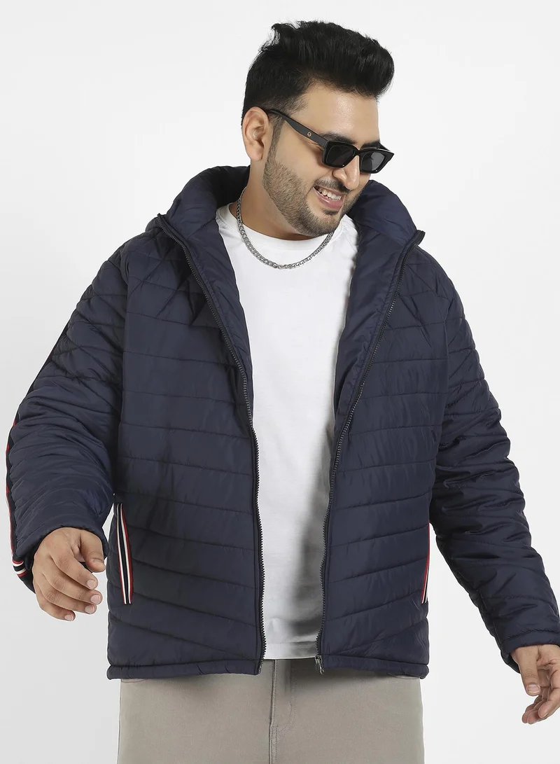 Instafab Plus Men's Navy Blue Puffer Jacket With Contrast Striped Sleeve