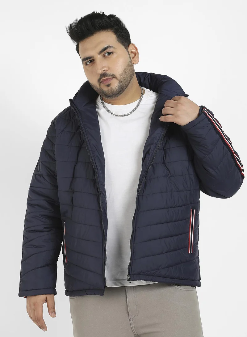 Instafab Plus Men's Navy Blue Puffer Jacket With Contrast Striped Sleeve