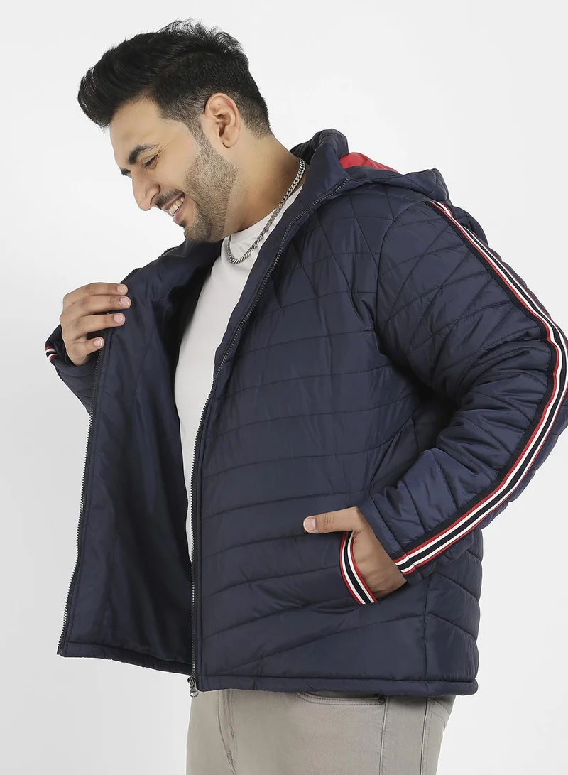Instafab Plus Men's Navy Blue Puffer Jacket With Contrast Striped Sleeve