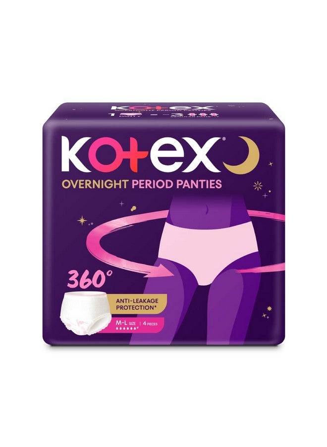 Kotex Overnight Period Panties (Medium/Large Size, Pack Of 4 Panties) For Heavy Flow Period Protection | With 360 Degree Anti-Leakage Design & Airy-Soft Fabric | 1 Panty = 3 Regular Pads - Image 1