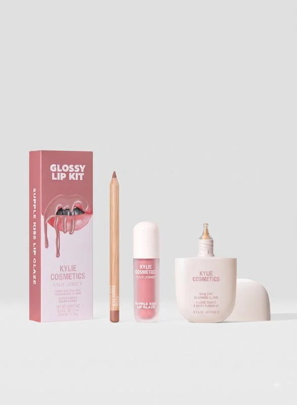 كايلي كوزمتيكس glossy lip kit & skin tint blurring elixir duo, 15% savings