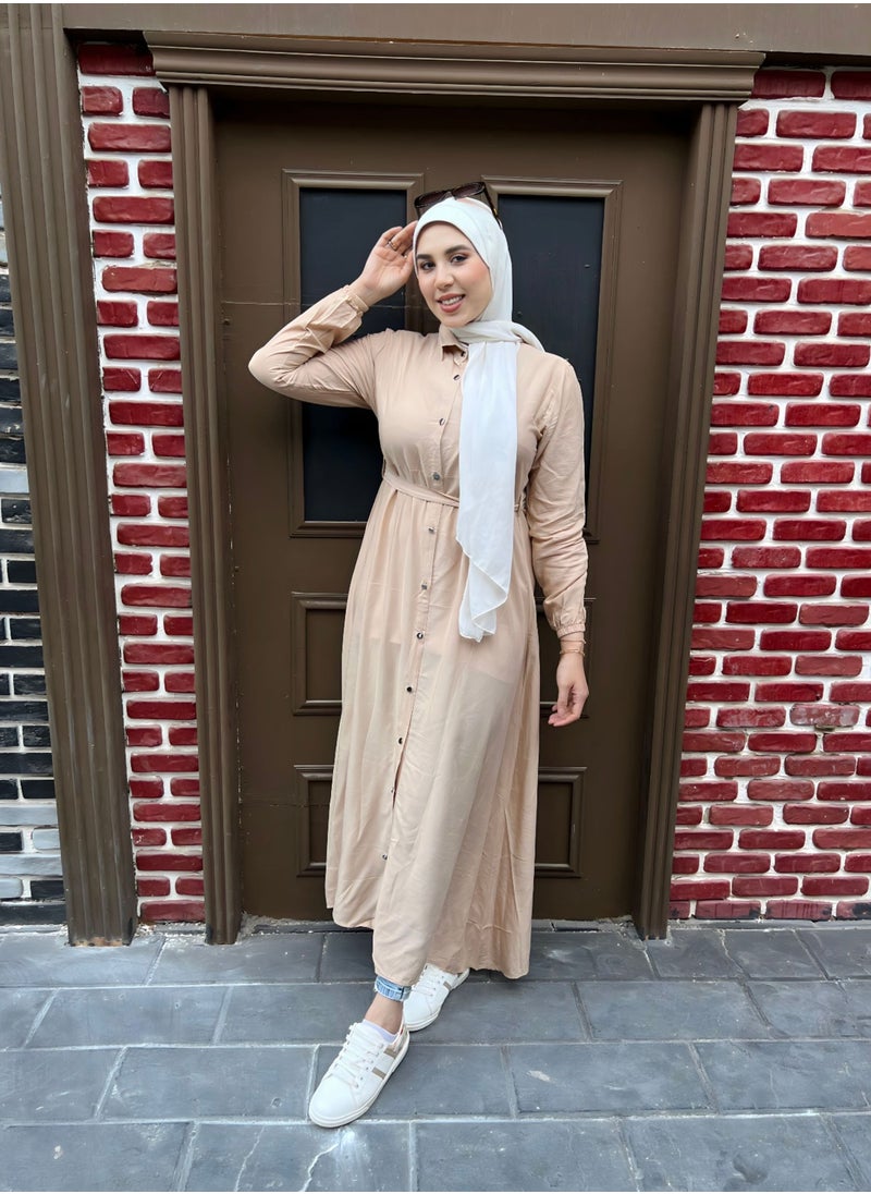 Puritopia - Turn Down Collar Simple Buttoned Beige Dress - Image 1