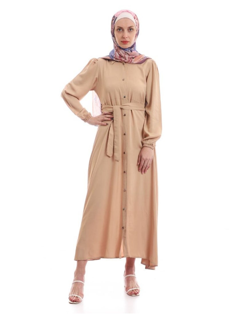 Puritopia - Turn Down Collar Simple Buttoned Beige Dress - Image 1