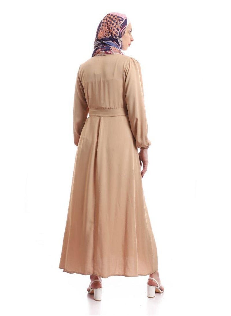 Puritopia - Turn Down Collar Simple Buttoned Beige Dress - Image 1