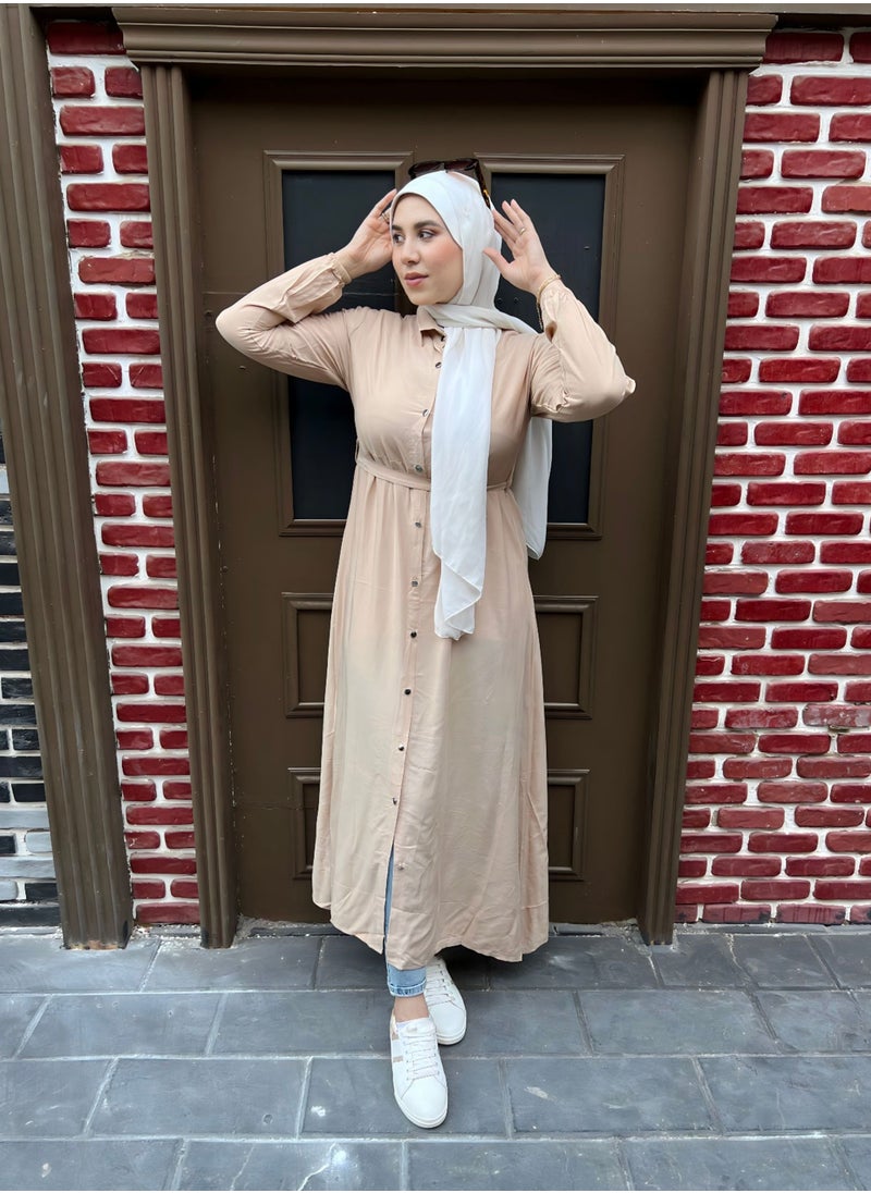 Puritopia - Turn Down Collar Simple Buttoned Beige Dress - Image 1