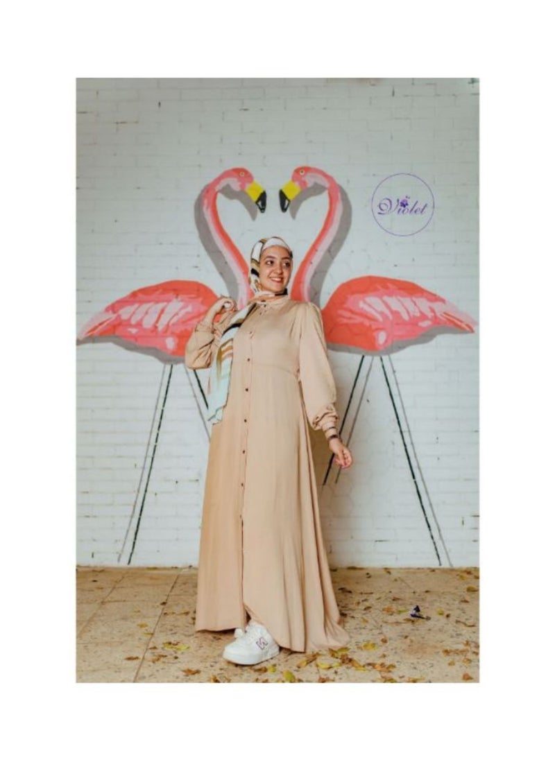 Puritopia - Turn Down Collar Simple Buttoned Beige Dress - Image 1