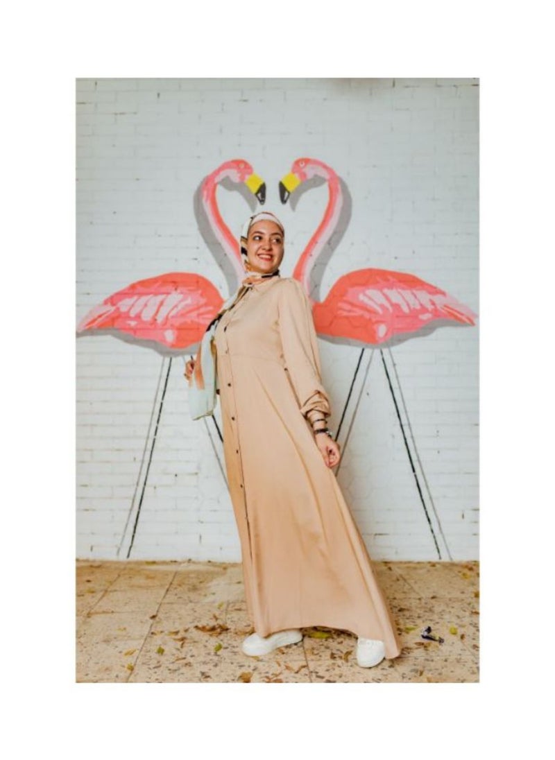 Puritopia - Turn Down Collar Simple Buttoned Beige Dress - Image 1