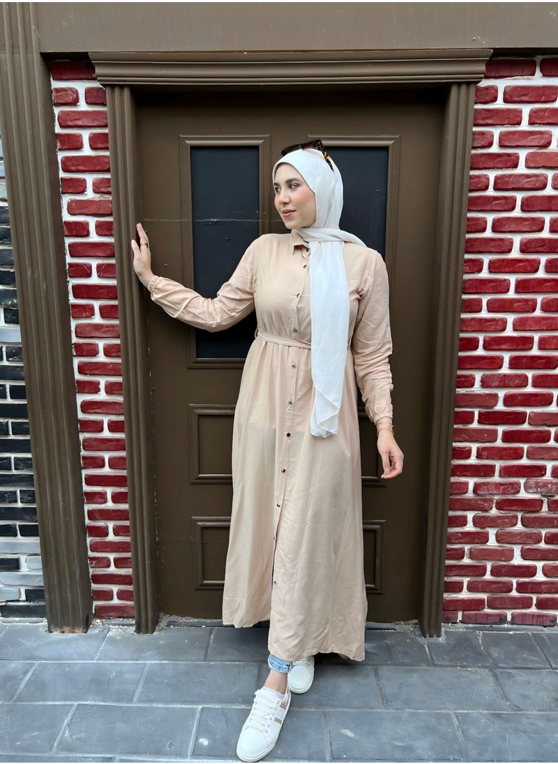 Puritopia - Turn Down Collar Simple Buttoned Beige Dress - Image 1