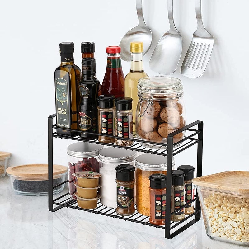 SHIOK DECOR SHIOK DECOR 2 Tiers Spice Rack Cabinet CounterTop Storage Shelf Organizer Metal Mesh Freestanding Rack Holder Spice Jars Bottle For Kitchen Cabinet Bathroom Pantry Office Black - Image 4