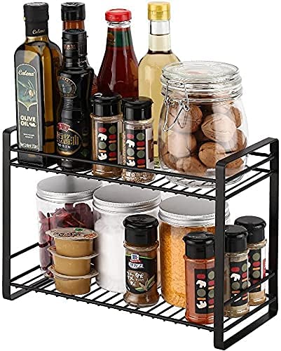SHIOK DECOR SHIOK DECOR 2 Tiers Spice Rack Cabinet CounterTop Storage Shelf Organizer Metal Mesh Freestanding Rack Holder Spice Jars Bottle For Kitchen Cabinet Bathroom Pantry Office Black - Image 1