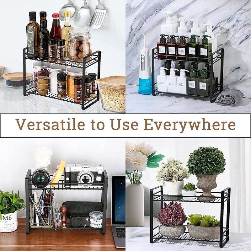 SHIOK DECOR SHIOK DECOR 2 Tiers Spice Rack Cabinet CounterTop Storage Shelf Organizer Metal Mesh Freestanding Rack Holder Spice Jars Bottle For Kitchen Cabinet Bathroom Pantry Office Black - Image 3