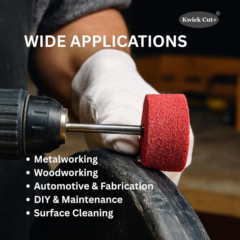 KWICK CUT + + Non-Woven Unitised Abrasive Matt Mop Wheel 40x25mm for Drill with 6mm Shank – Red Surface Conditioning Polishing Buffing Wheel for Metal, Wood, Rust Removal – for Rotary Tools - Image 5