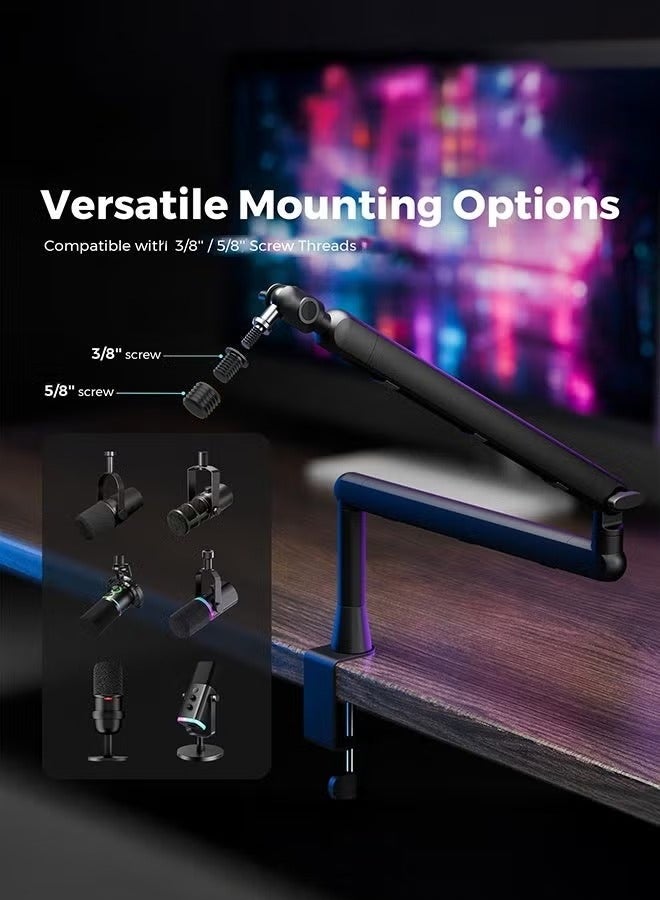 WALALLA Microphone Stand with 3/8" and 5/8" Adapters, Adjustable Microphone Boom Arm with Cable Management, Adjustable with 10cm Riser Solid , Mic Arm Desk Mount for Podcasting/Streaming/Gaming/Home Office - Image 2